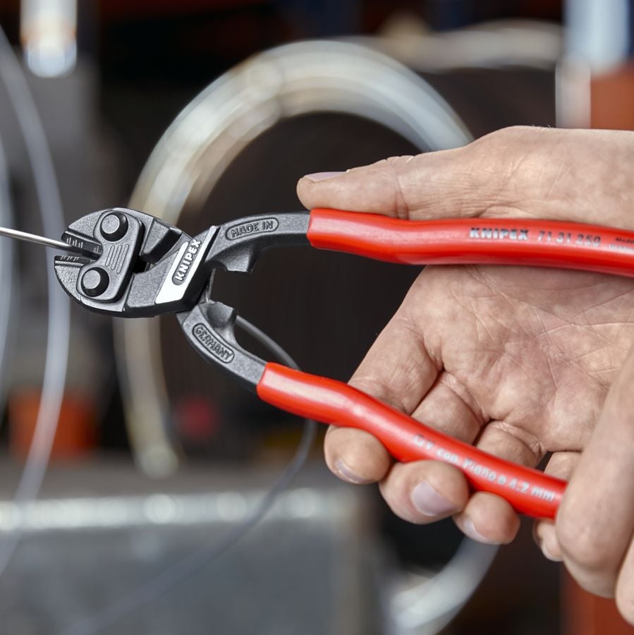 Knipex 9K 00 80 180 US Plumbing 6-Piece Set CoBolt compact bolt cutters cutting metal wire during installation work