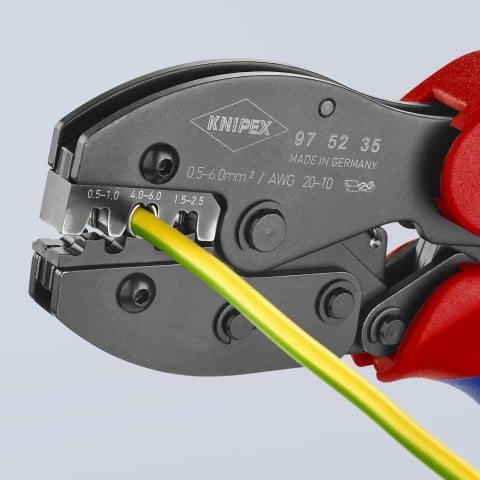 KNIPEX PreciForce® Crimping Pliers For Non-Insulated Open Plug-Type Connectors (Plug Width 4.8 and 6.3 mm) | 97 52 35