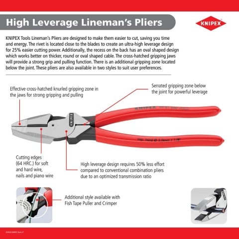 High Leverage Lineman's Pliers New England Head-1000V Insulated | 09 08 240 US